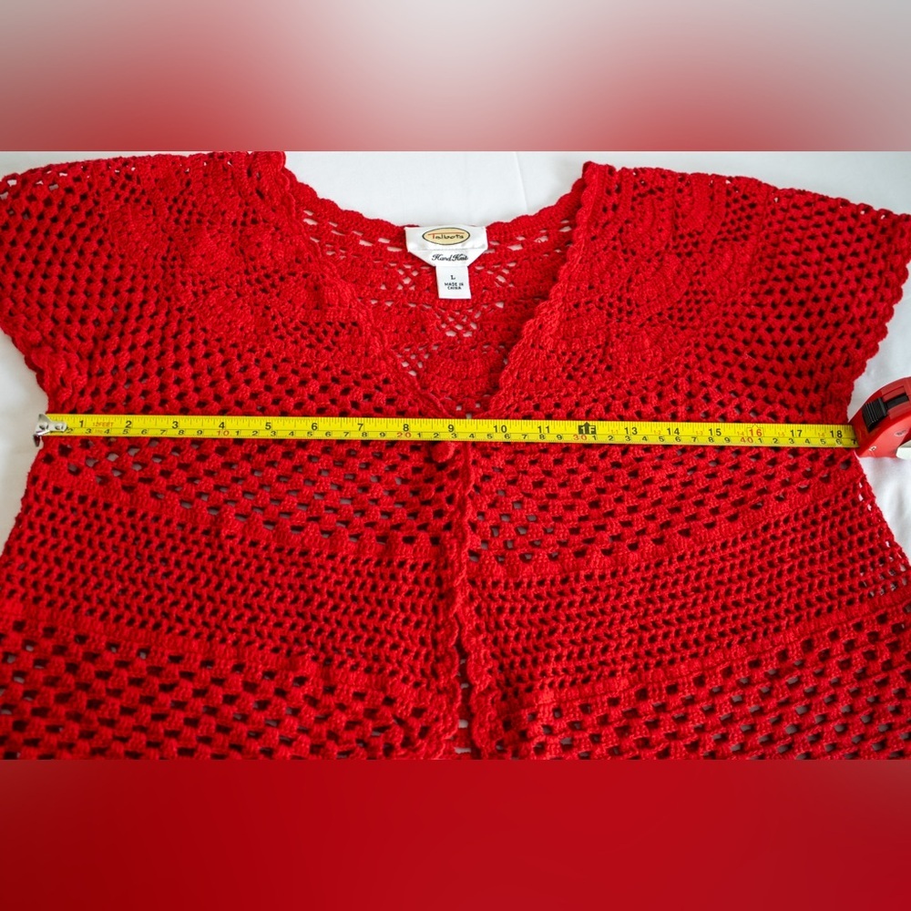 Talbots Hand Knit Red Crochet Button Closure Women’s Short Sleeve Top Size Large - Picture 8 of 11